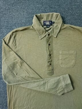 Double RL Ralph Lauren Olive Green Long Sleeve Pocket Cotton Polo Size Large